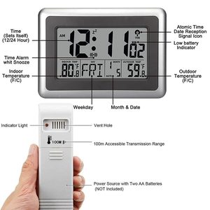 Digitale Atomuhr für Innen/Außen Einseitige Wanduhr Großes LCD-Display Kabelloser Sensor Thermometer 300ft/100m Reichweite Kalender - Product Image 6