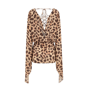 Viviblook C26DS177 Nuevo vestido mini de fiesta informal de verano para mujer con estampado de leopardo y cuello en V con cordones y mangas anchas - Product Image 5