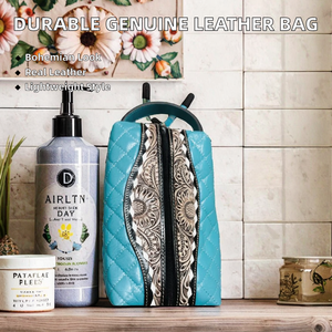 Bolsa de Aseo de Viaje Unisex de Cuero Genuino, Duradera, Ligera y Ecológica, Diseño Acolchado Hecho a Mano, Cierre de Cremallera, Estilo Bohemio - Product Image 2