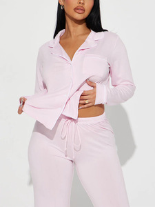 Ensemble de pyjama en viscose pour femmes, chemise à <span class=keywords><strong>manches</strong></span> <span class=keywords><strong>longues</strong></span>, pantalon droit, style décontracté, couleur unie, doux et confortable - Product Image 4