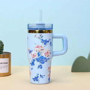 แก้วมัคสแตนเลสสำหรับเดินทางขนาด20ออนซ์แก้วน้ำลายดอกไม้ชุบทองพร้อมหูจับและหลอดเคลือบไอออนสำหรับเด็ก - Product Image 5