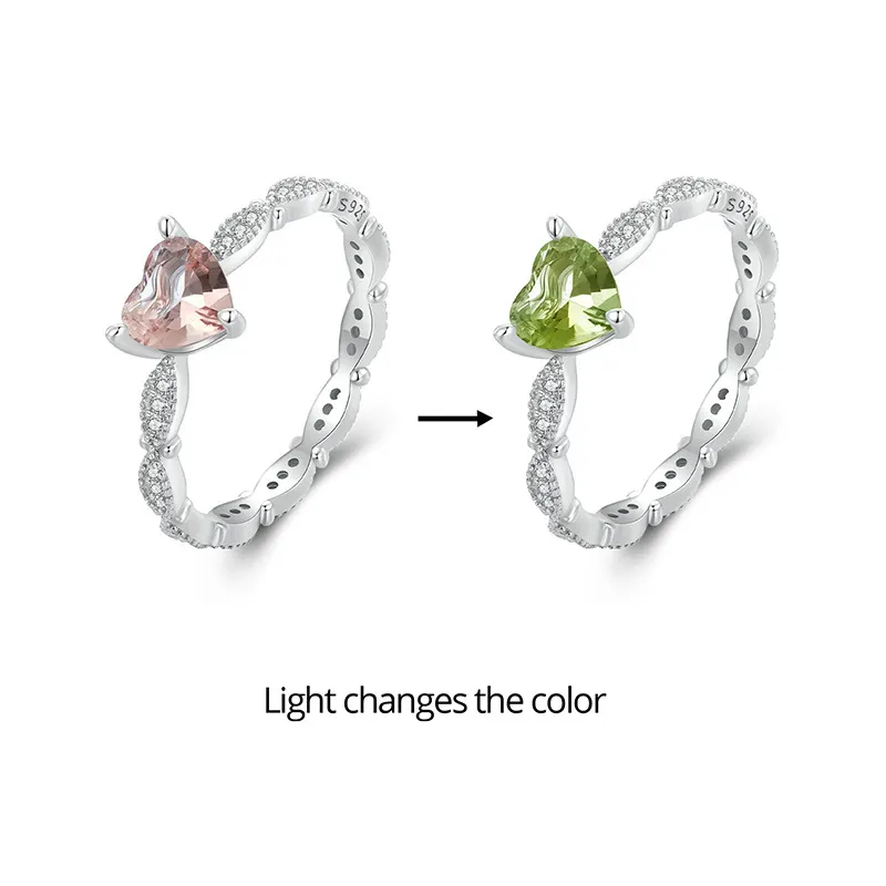 Grosir perhiasan bagus 925 perak murni hati lampu zirkon berubah warna cincin untuk wanita hadiah tidak alergi tidak pudar