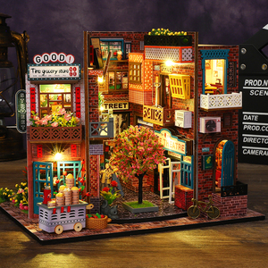En gros, Kit DIY de niche à livres en bois style Rue de Shanghai ancienne, Modèle de maison de poupée miniature 3D avec éclairage LED, <span class=keywords><strong>D</strong></span>écoration de table, Ornement, Cadeau - Product Image 3