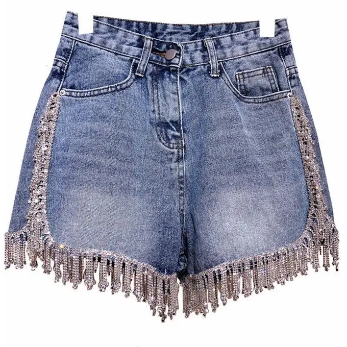 Litthing — pantalon court en Denim pour femmes, avec strass, à franges, taille haute, Short en jean, motif diamants, nouvelle collection été 2021