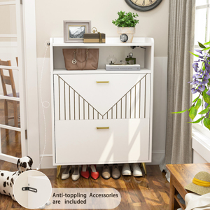 Meuble à chaussures autoportant en bois avec portes battantes, capteur de mouvement, éclairage LED, organisateur d'entrée, étagères ouvertes pour placard, salon - Product Image 3
