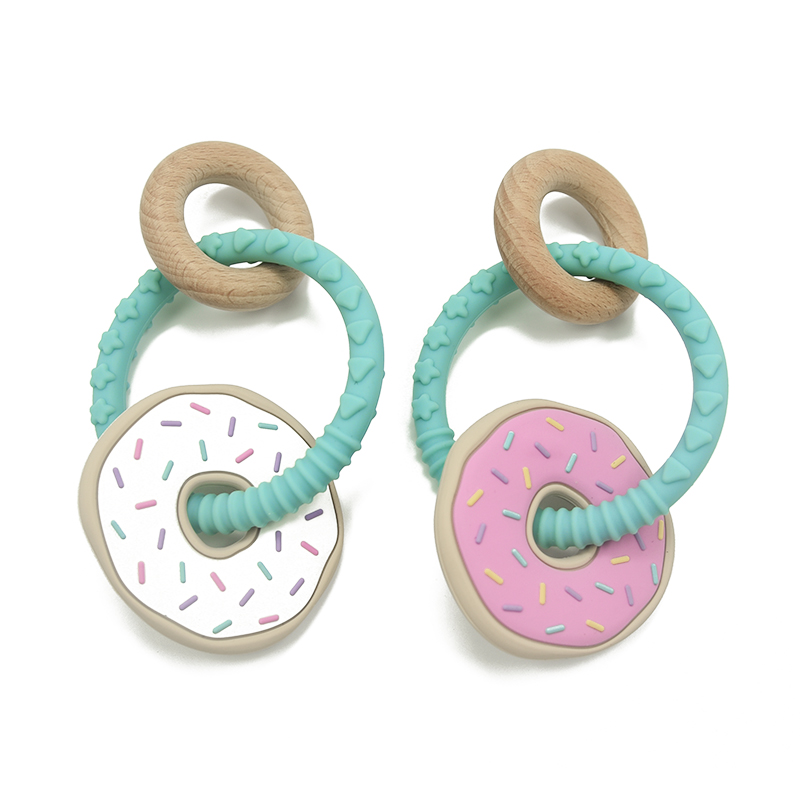 Baby Silicone Teether Toy with wood ring doughnut Donut Teether molar chewing Food Grade BPA free Teething Bracelet de dentitio