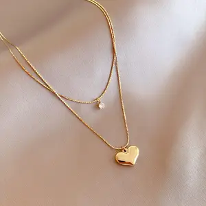 Women Jewelry 2 Layer Chain Zircon Love Heart Charms Choker 14K Gold Plated Stainless Steel Heart Pendant Necklaces