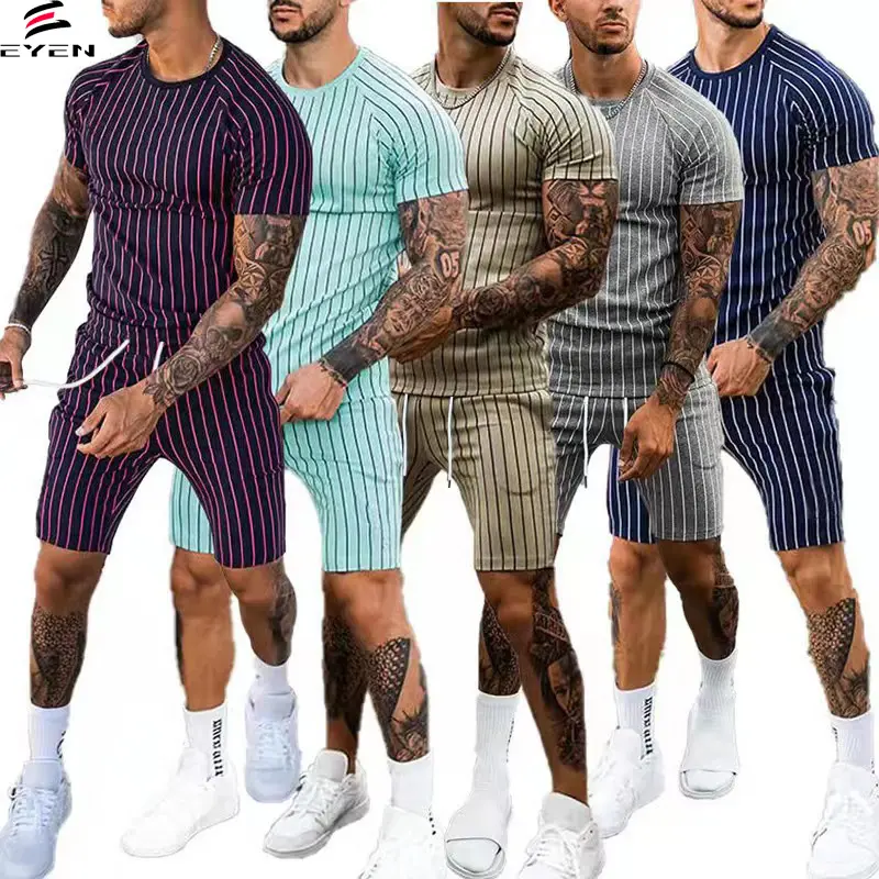 Conyson Latest Design Summer Outfit Full Set Polyester Hombre Sport Wear Top And Short Beach Jogger 2 Pieces Tracksuit Men Sets