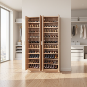 Scarpiera di Lusso Nordica con Ante Aperte in Legno dal Design Ventilato per Archiviazione Domestica Premium per Soggiorno - Product Image 1