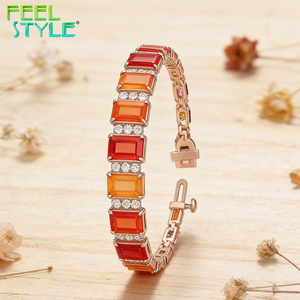 Bracelet <span class=keywords><strong>de</strong></span> tennis en acier inoxydable PVD or épais, couleur permanente, faible MOQ, personnalisé, avec zircon orange dégradé rectangulaire - Product Image 1