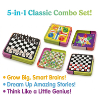 Ensemble de 5 jeux de société familiaux avec Échecs, Dames, Ludo, Serpents et Échelles, Boîte en plastique écologique, Durable, Portable, Idéal pour les voyages