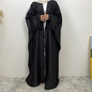 Light Shiny Satin Silk Abaya Batwing Sleeve <b>Cardigan</b> with Cute Lace for Muslim Women Islamic Clothing 1429# - Product Image 5