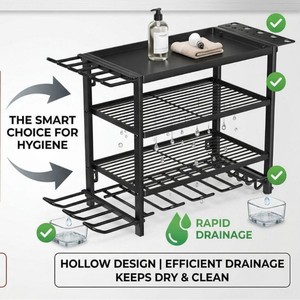Estante de cocina Sea Shark de acero al carbono, organizador de especias multicapa para fregadero, escurridor de platos con soporte para utensilios y estante para vasos - Product Image 4