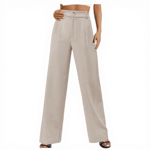 Pantalon large taille haute pour femme, couleur unie, en crêpe, coupe ample, longueur complète, décontracté - Product Image 1