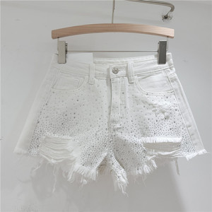 C1198 Shorts de Mezclilla de Pierna Ancha con Cintura Alta y Borde Deshilachado Perforado para Mujer, Verano 2024 - Product Image 2