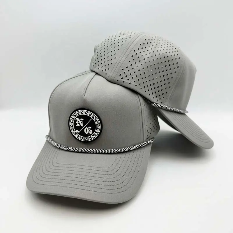 Custom 5 Panel Rubber Pvc Logo Waterdichte Baseballcap Laser Gesneden Gat Geperforeerde Doppen Prestatie Sport Golf Hoeden