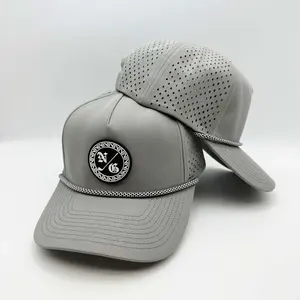 Özel 5 Panel kauçuk PVC Logo su geçirmez beyzbol şapkası lazer kesim delik delikli kapaklar performans spor Golf şapkaları