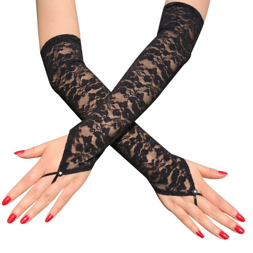 Guanti Senza Dita In Pizzo Floreale Per Donna - Eleganti, Corti, Elasticizzati, Nero - Accessorio Per Sposa, Ballo, Festa