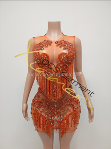 MF Mesh Translucent Dia Performance Wear Blue Tassel Rhinestone Sexy Crystal Sin mangas Party Mini Club Dress - Product Image 4