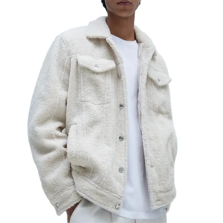 Customize winter warm buttoned cuffs chest flap pockets faux shearling jacket for men