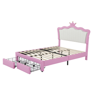 Upholstered <b>Bed</b> Frame with <b>LED</b> Lights & Crown Headboard Soft MDF Wood Includes a Drawer - Product Image 6