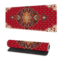 Tapis de souris de jeu grand format rouge, design rétro floral persan, surface en tissu lisse en caoutchouc et bords surpiqués