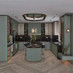 Luxury curved modular kitchen with glossy white <b>cabinets</b> LED <b>lighting</b> modern island design and premium interior finish - Product Image 5