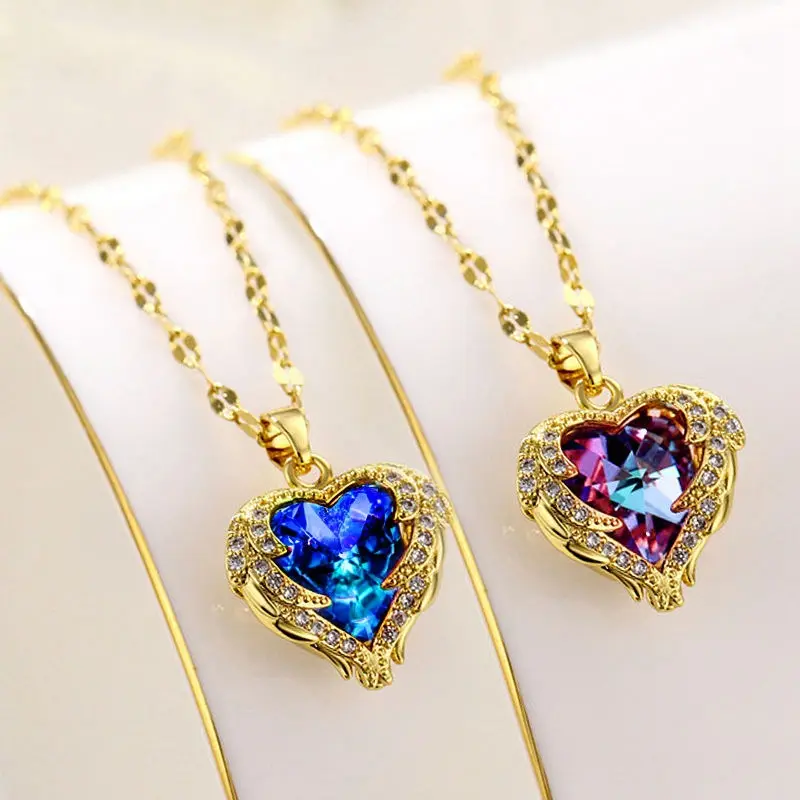 European And American Gold Plated Necklace Filled Natural Stone Pendant Heart Pendant Heart Necklace