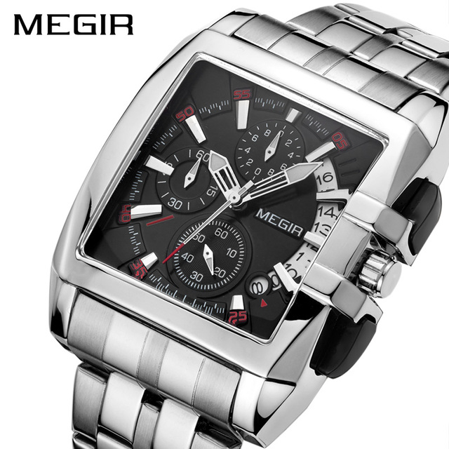 MEGIR 2018 New Style Silver Man Quartz Watch Luxury Stainless Steel Band square 3 Dials Chronometer Multi Function Hand Watch