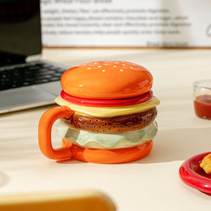 Tasse à eau créative en forme de hamburger, tasse en céramique pour la maison avec couvercle, tasse de petit-déjeuner grande capacité, tasse mignonne pour couple. - Product Image 4
