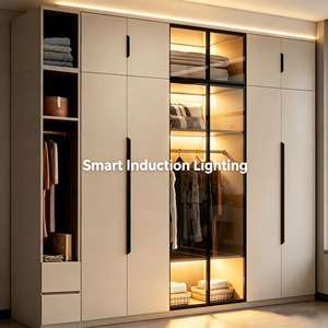 Armoire modulaire autoportante en bois moderne avec portes en verre, poignées en acier inoxydable, 4 étagères, pour la maison, la chambre, la villa, l'hôtel, l'école - Product Image 4