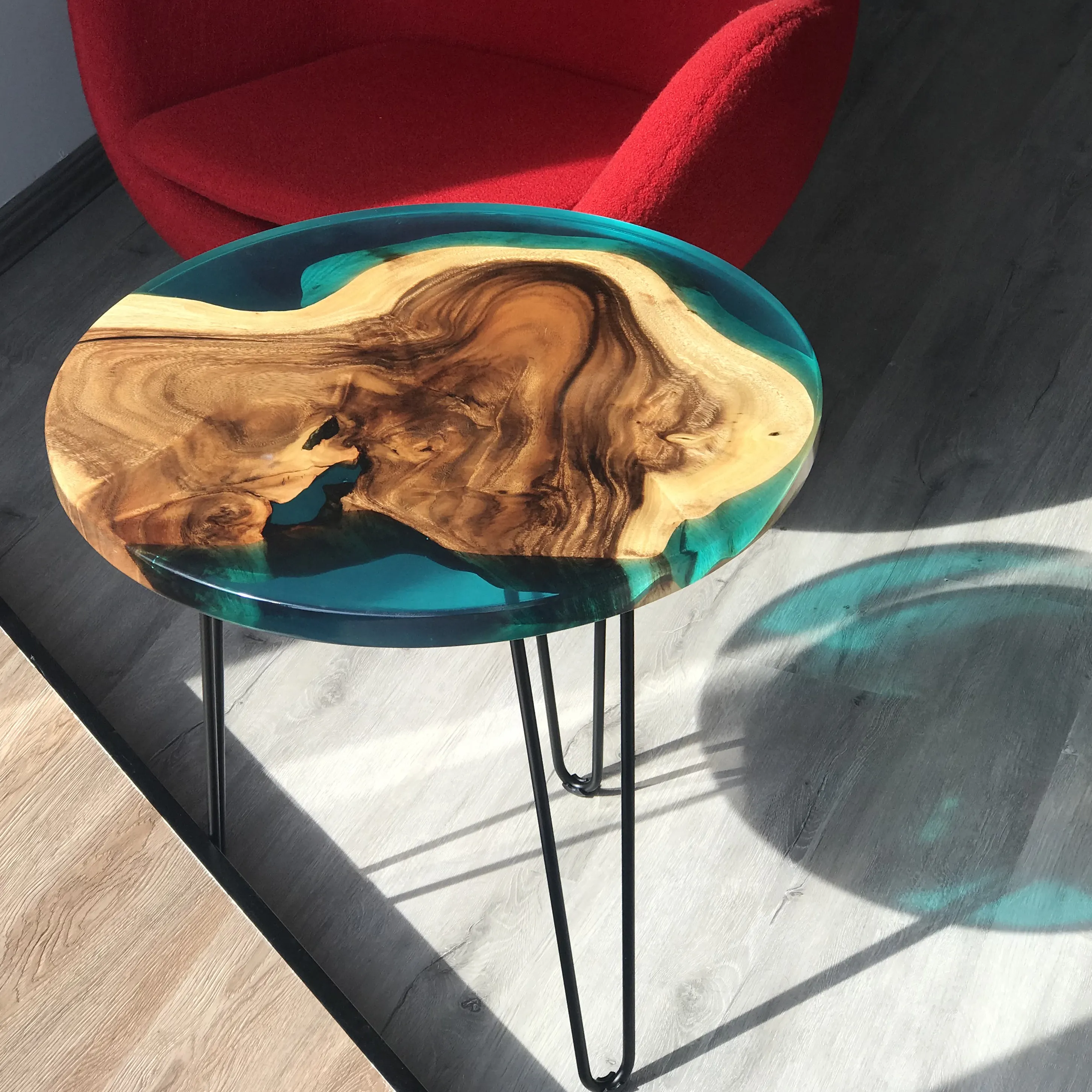 Table basse en époxy vert bleu, élégante, en résine bois naturel, offre spéciale