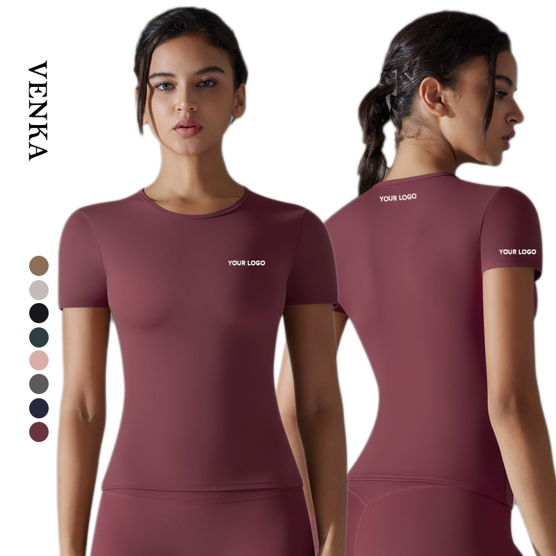 Custom Women Round Neck High Elastic Sports Running Fitness Wear Solid Color Slim Fit T-Shirt Yoga Short Sleeves Top for Ladies