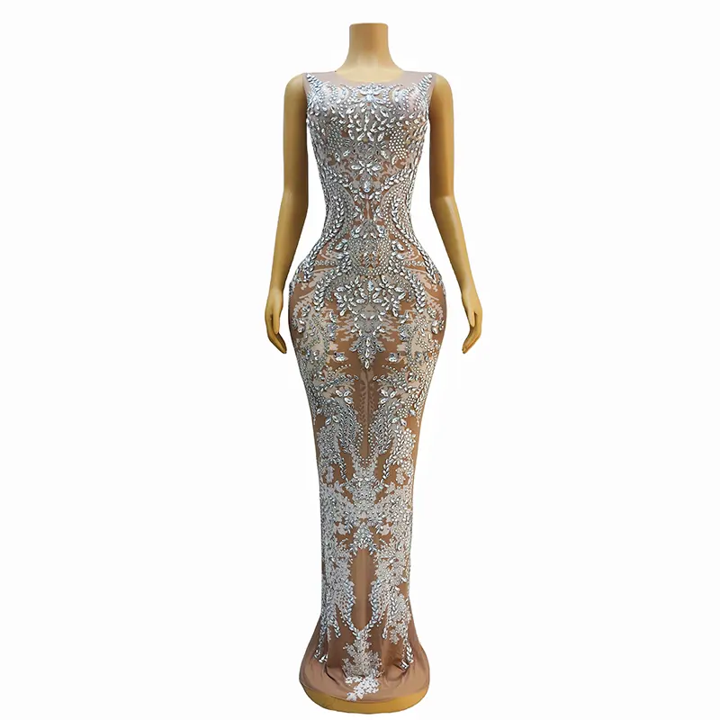 Novance Y3451 gaun malam putih gaun panjang seksi tanpa lengan mode Gala gaun panjang malam produsen pakaian berlian imitasi untuk pesta