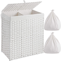Panier à linge pliable pour chambre à coucher, double compartiment, avec couvercle, doublure en faux rotin tissé, amovible.