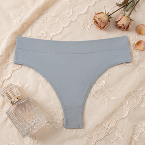 Women Plus Size <b>Seamless</b> <b>Thong</b> Panties Solid Color Ribbed Waistband High Waist Underwear Soft Stretch Women's Panties Wholesale - Product Image 3
