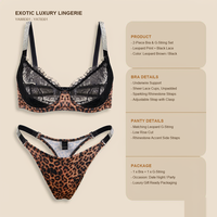 Ensemble de lingerie de luxe deux pièces en dentelle brodée motif léopard, soutien-gorge push-up à armatures et string, avec bretelles en strass et bordure en dentelle contrastante