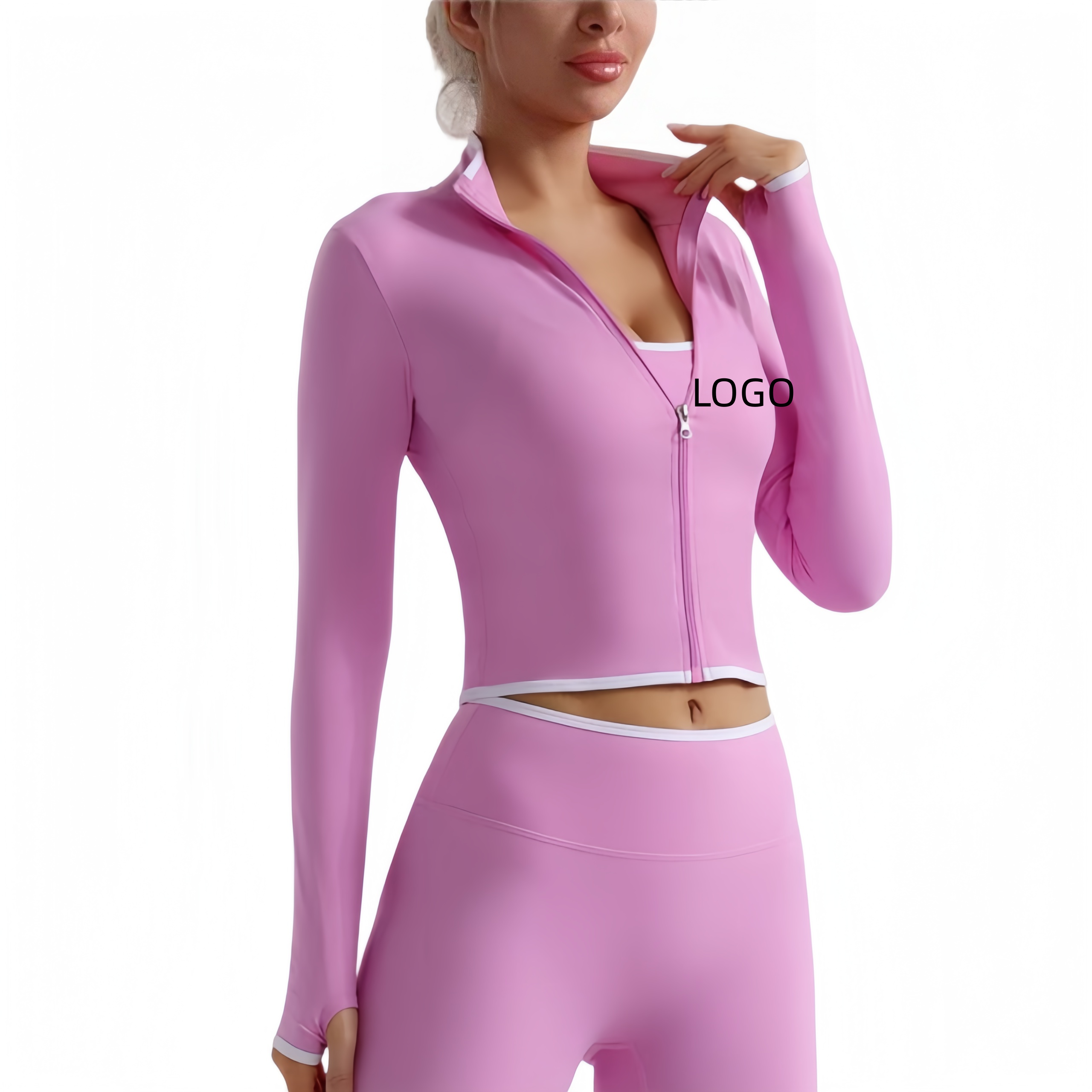 High Quality Customized AL Women's Spring Color Blocked Long Sleeved Slim Zipper Yoga Top Breathable Seamless Fitness Sportswear