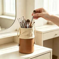 Pochette de voyage portable personnalisée pour cosmétiques, cadeau avec cordon de serrage, en cuir PU de luxe, en coton, cylindrique, pour pinceaux de maquillage