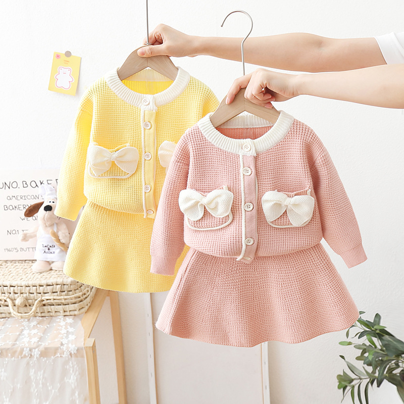 Теплый костюм Sunny Baby, детская одежда, модный вязаный кардиган с бантом для девочек, свитер, топ и юбка, комплект одежды для маленьких детей