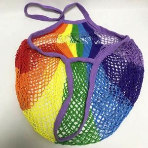 Wholesale Fashion Eco-friendly Cotton Mesh Shopping Bag-Reusable Lightweight Rainbow Color Grocery Fruit Vegetable - Product Image 1