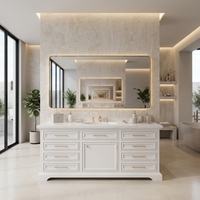 Meuble-lavabo autoportant classique de luxe en bois massif blanc, avec poignées dorées et plateau en marbre, idéal pour hôtels et villas – Vente directe usine