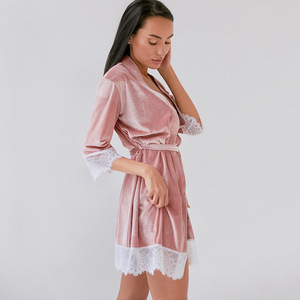 Encaje cosido cálido terciopelo <span class=keywords><strong>rosa</strong></span> negro Sexy manga corta Albornoz <span class=keywords><strong>pijama</strong></span> - Product Image 2