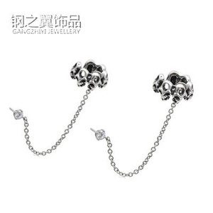yunnique Skeleton Skull <b>Cuff</b> <b>Earrings</b> Titanium Steel Black Diamond Chain Ear Studs Fashion Jewelry - Product Image 2