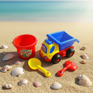 Ensemble de jouets de plage pour enfants : camion benne avec seau, pelle et râteau, emballé en filet - Product Image 3