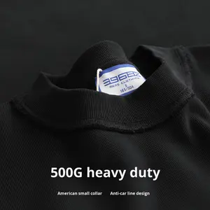 Camiseta de manga larga para hombre de algodón 100% 500g de peso pesado negro sólido acanalado estilo americano Casual tamaño pequeño escote suelto grueso - Product Image 2