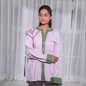 Women's Linen Embroidered <b>Long</b> Shirt Contrast Color <b>V</b>-<b>Neck</b> Full <b>Sleeve</b> Casual Button <b>Top</b> High Loose Fit All Seasons Wear AARA - Product Image 1