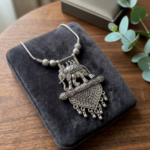 Party Wear German Silver Look Necklace <b>Elephant</b> Pendant Silver Plated Oxidized Round Shape Chain Brass Silver Necklace - Product Image 3