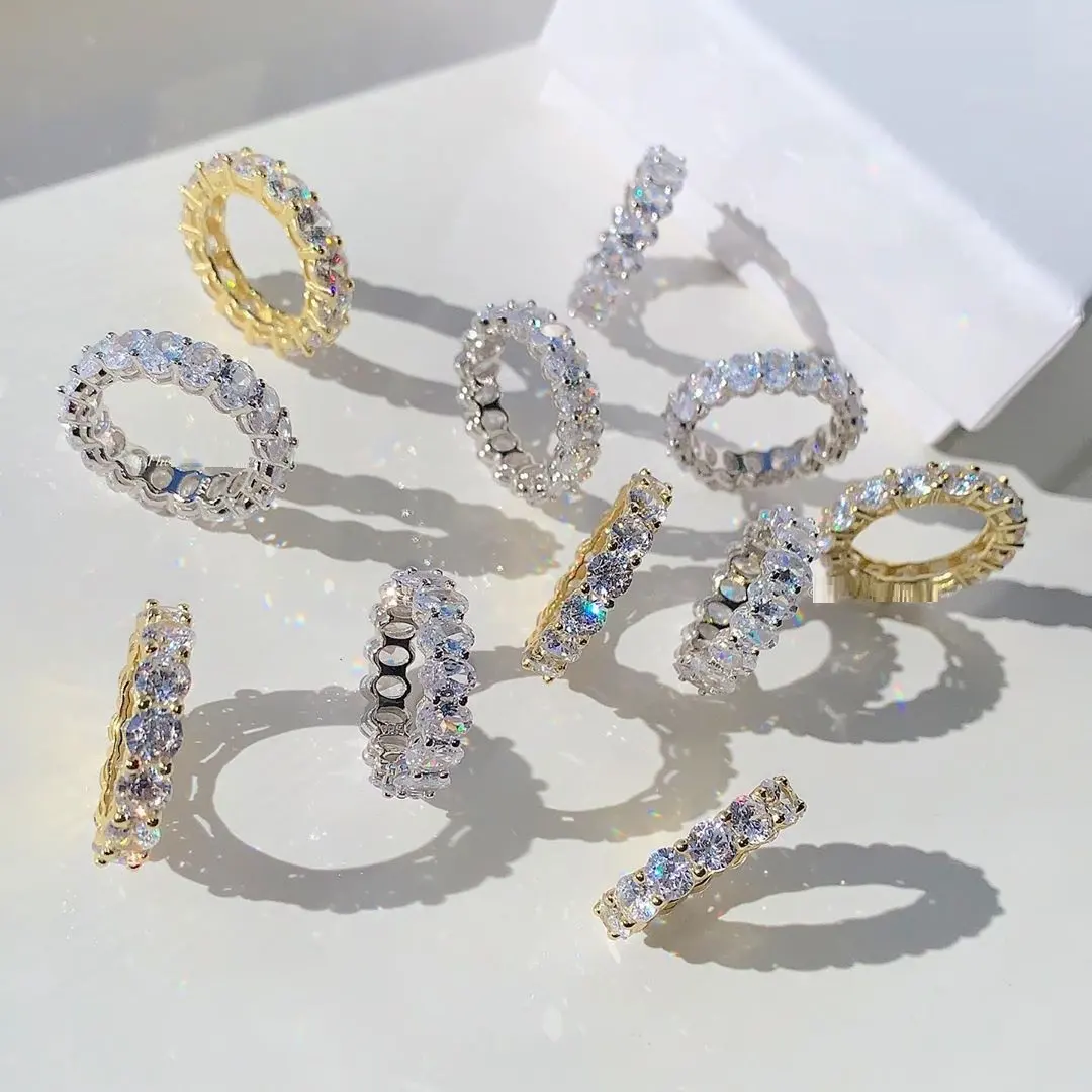 Luxury 925 Sterling Silver jewelry 18K Gold plated Diamond Iced Out baguette Eternity Rings CZ Gemstone Tennis Ring For Woman