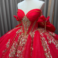 Rotes Ballkleid aus Satin für Quinceañera, Anpassbares Bodenlange Festkleid mit Quasten, Schulterfreies Prinzessinnenkleid in Rot